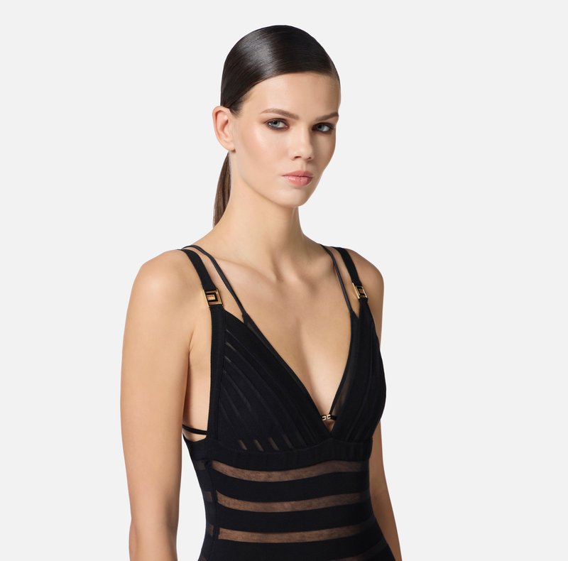 Sheer Panel Black Maxi Dress H6844