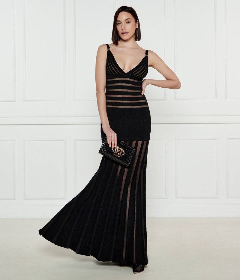 Sheer Panel Black Maxi Dress H6844