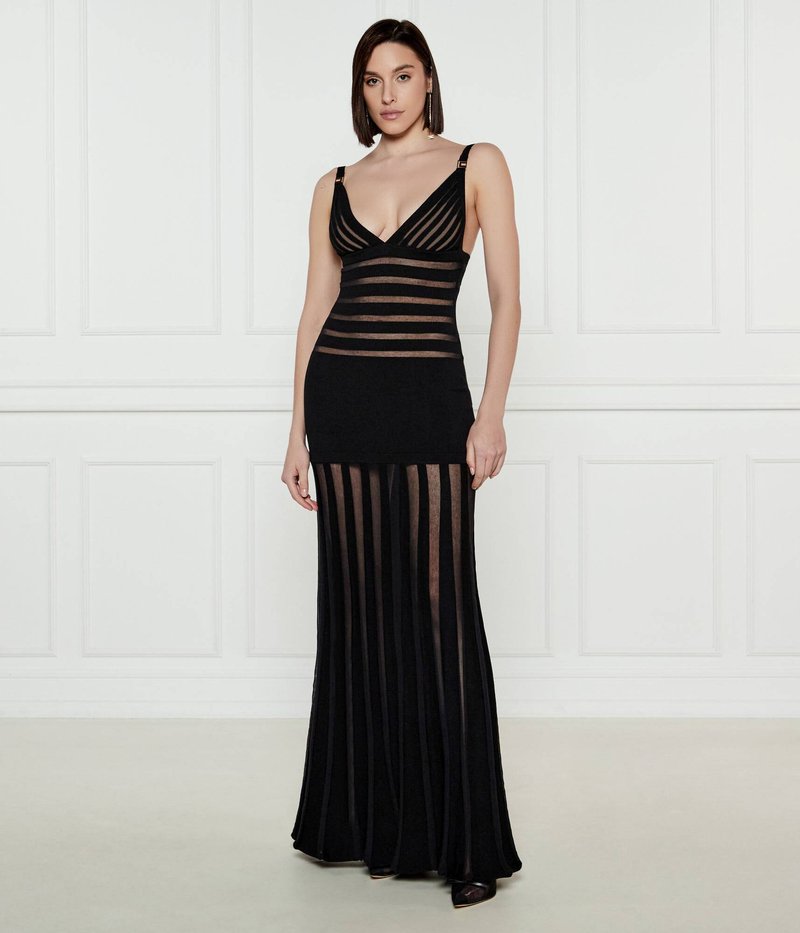 Sheer Panel Black Maxi Dress H6844