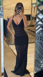 Sheer Panel Black Maxi Dress H6844