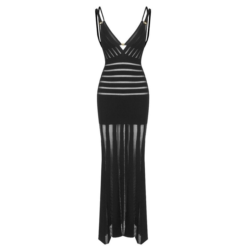 Sheer Panel Black Maxi Dress H6844