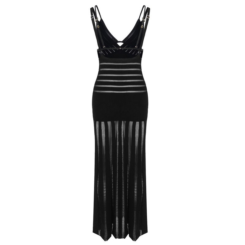 Sheer Panel Black Maxi Dress H6844