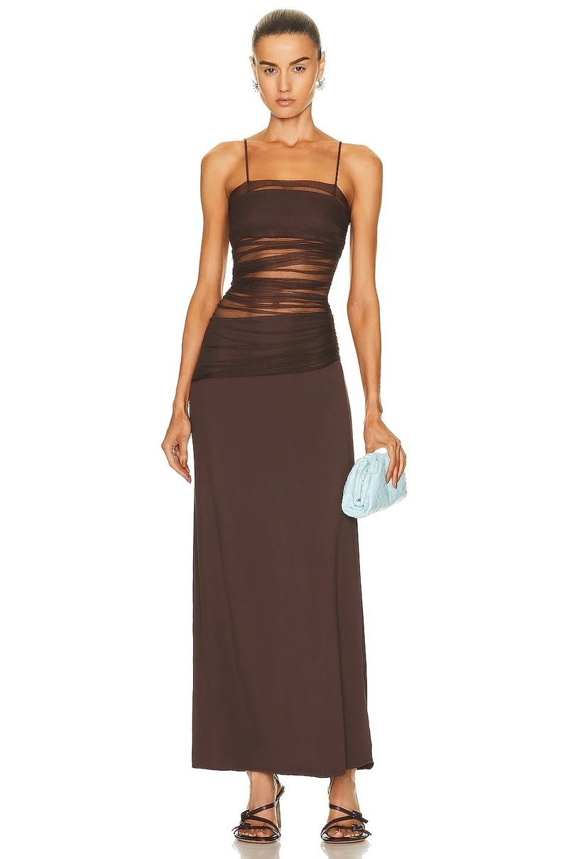 Sheer Panel Brown Maxi Dress H5812