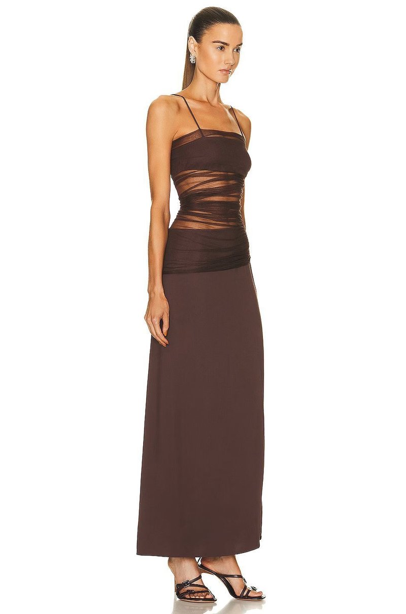 Sheer Panel Brown Maxi Dress H5812