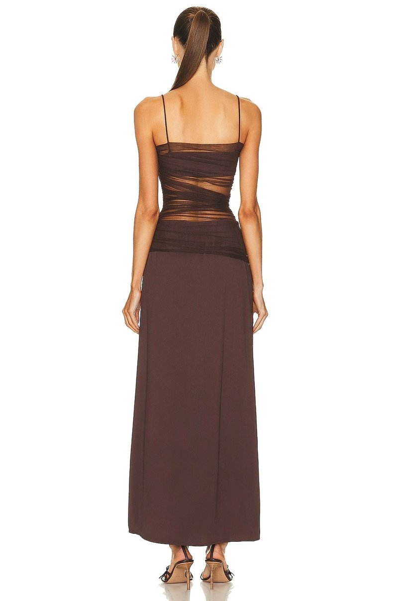 Sheer Panel Brown Maxi Dress H5812
