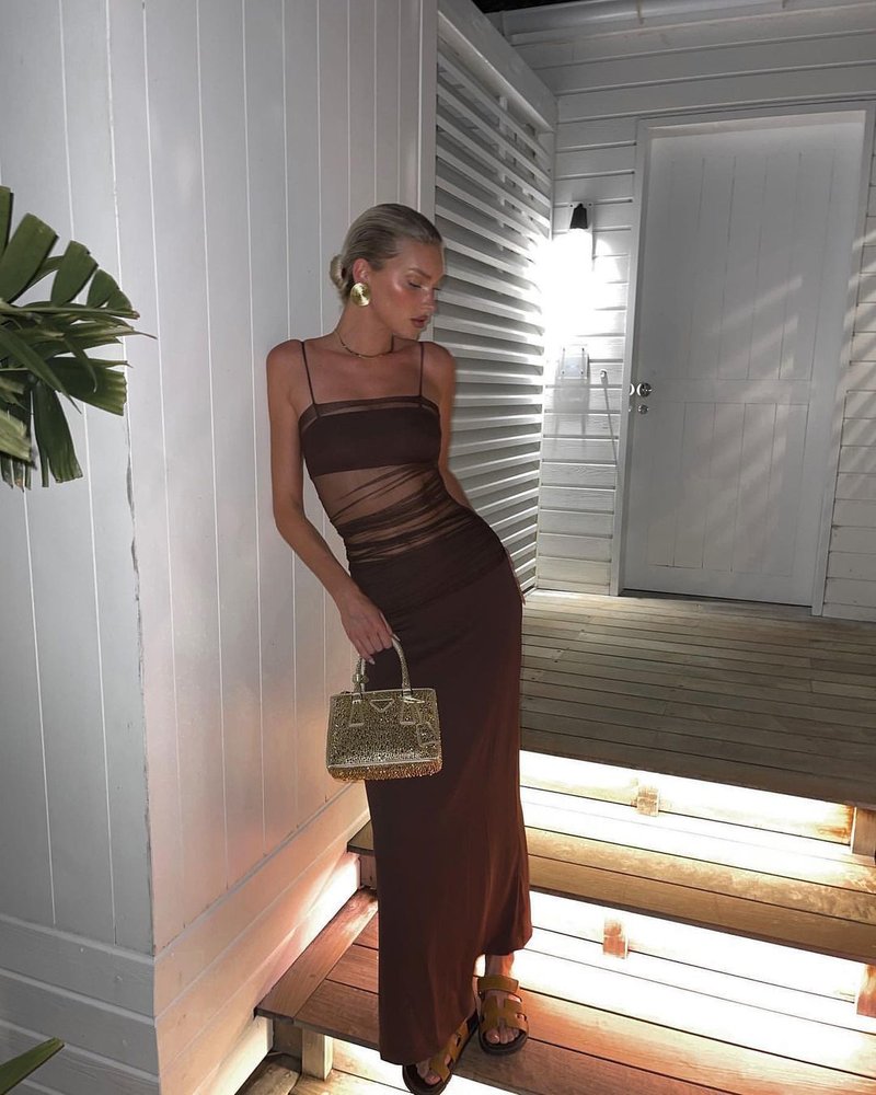 Sheer Panel Brown Maxi Dress H5812