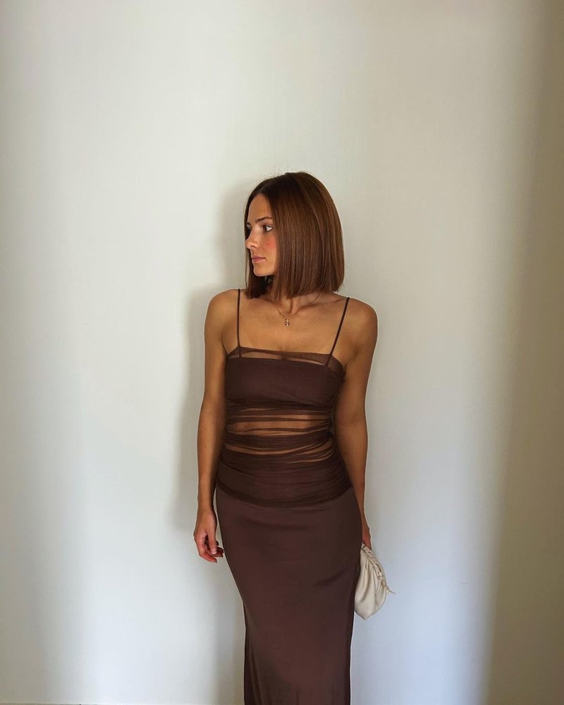 Sheer Panel Brown Maxi Dress H5812