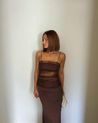Sheer Panel Brown Maxi Dress H5812