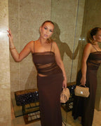 Sheer Panel Brown Maxi Dress H5812