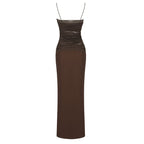 Sheer Panel Brown Maxi Dress H5812