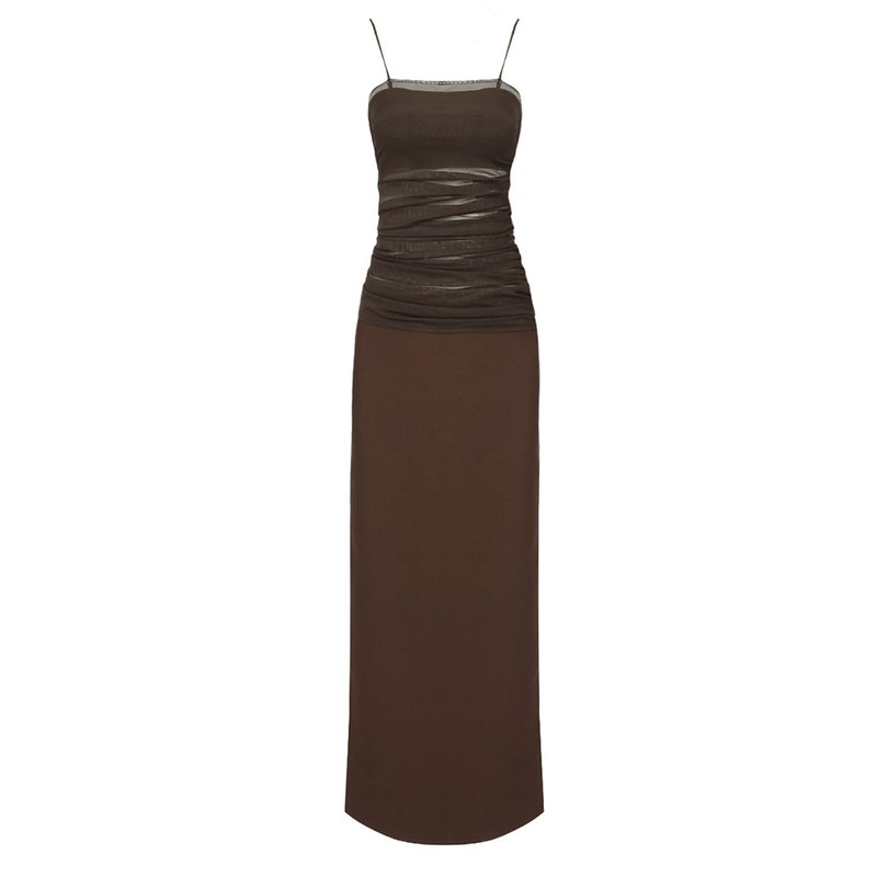 Sheer Panel Brown Maxi Dress H5812