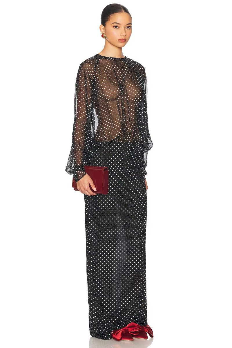 Sheer Polka Dot Long Sleeve Gown H7016