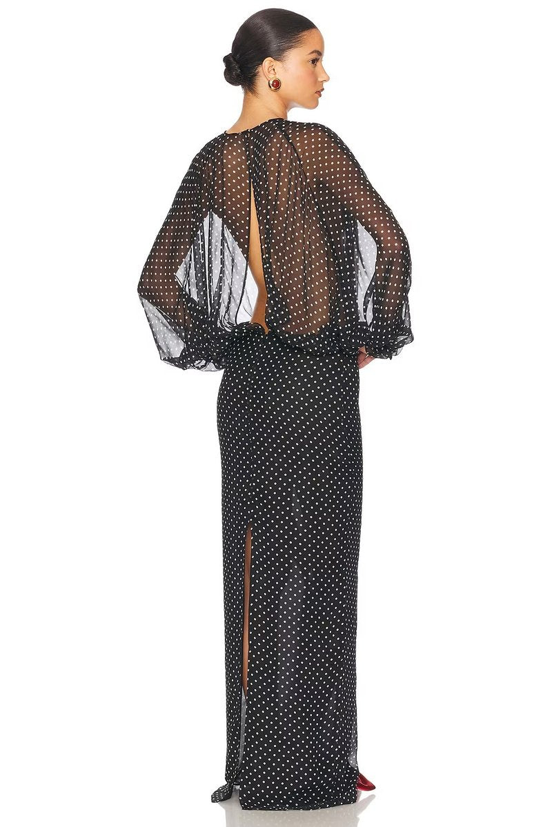 Sheer Polka Dot Long Sleeve Gown H7016