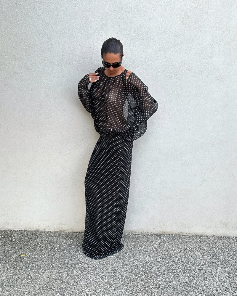 Sheer Polka Dot Long Sleeve Gown H7016