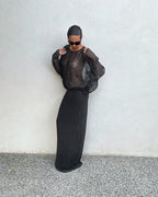 Sheer Polka Dot Long Sleeve Gown H7016
