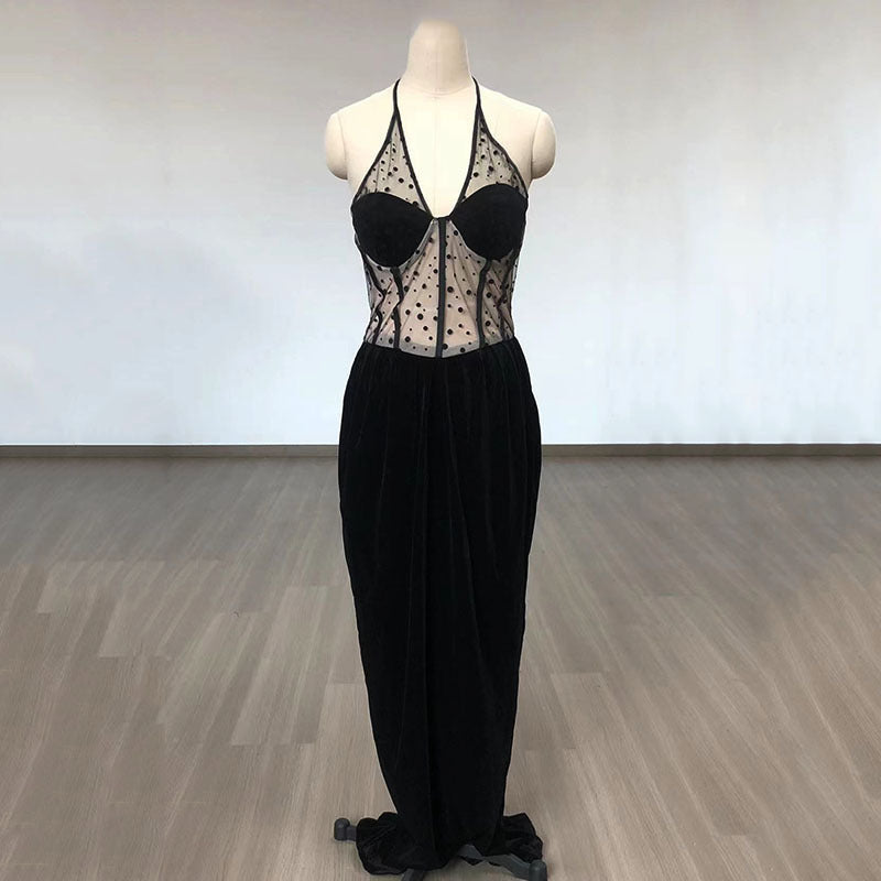 Sheer Polka Dot Velvet Maxi Dress H6405
