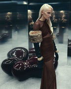 Sheer Ruched Brown Maxi Dress H6615