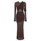 Sheer Ruched Brown Maxi Dress H6615