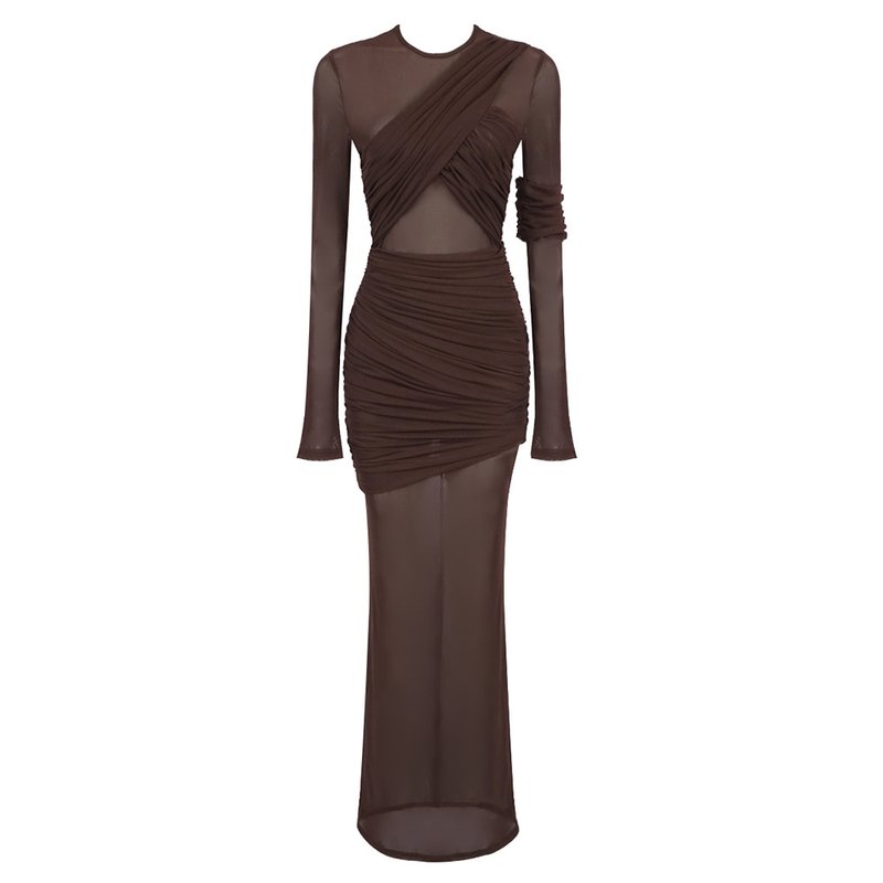 Sheer Ruched Brown Maxi Dress H6615