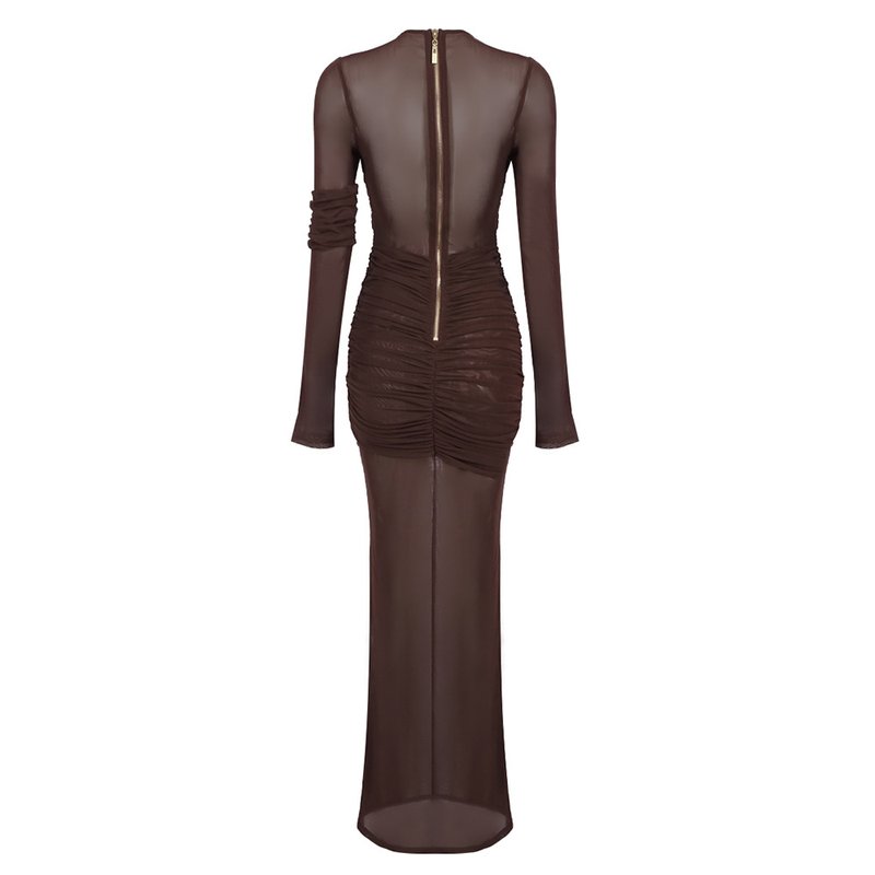 Sheer Ruched Brown Maxi Dress H6615