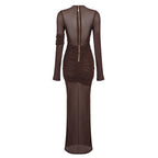 Sheer Ruched Brown Maxi Dress H6615