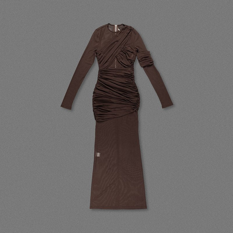 Sheer Ruched Brown Maxi Dress H6615