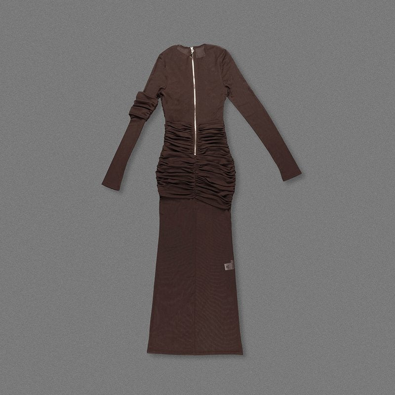Sheer Ruched Brown Maxi Dress H6615