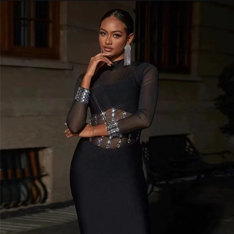Sheer Sleeve Beaded Midi Dress H6080