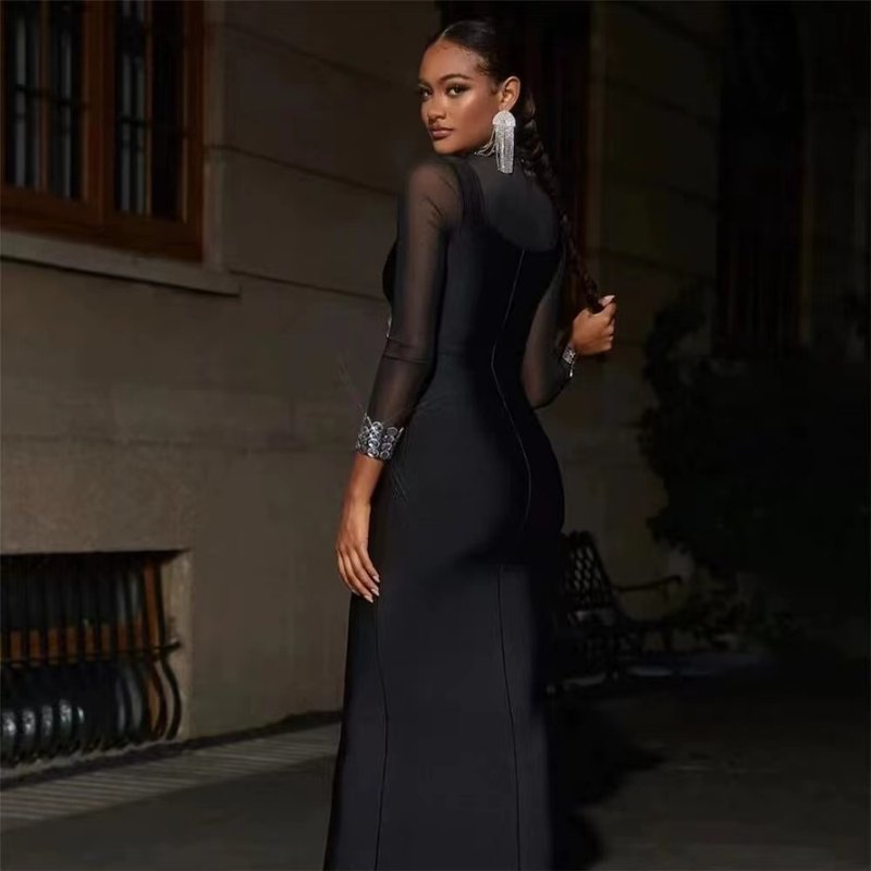 Sheer Sleeve Beaded Midi Dress H6080