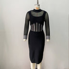 Sheer Sleeve Beaded Midi Dress H6080