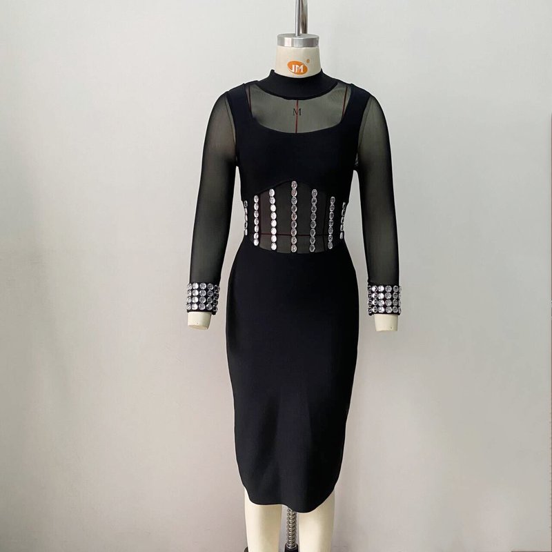 Sheer Sleeve Beaded Midi Dress H6080