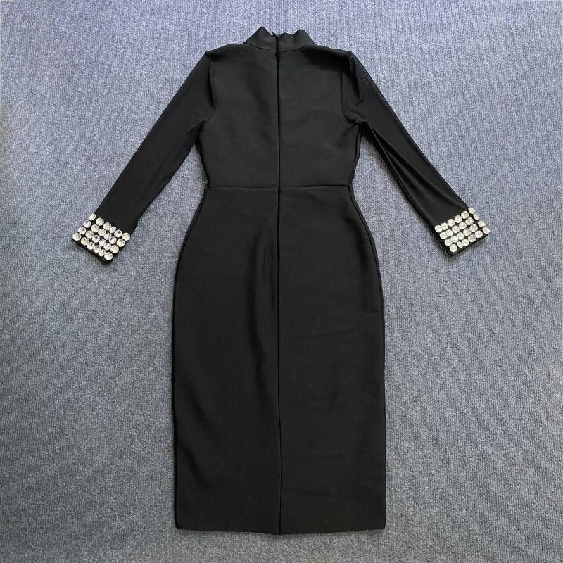 Sheer Sleeve Beaded Midi Dress H6080