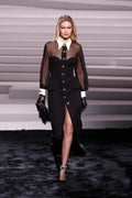 Sheer Sleeve Button Front Midi Dress H6309