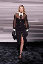 Sheer Sleeve Button Front Midi Dress H6309