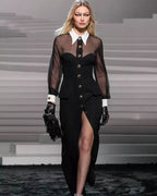 Sheer Sleeve Button Front Midi Dress H6309