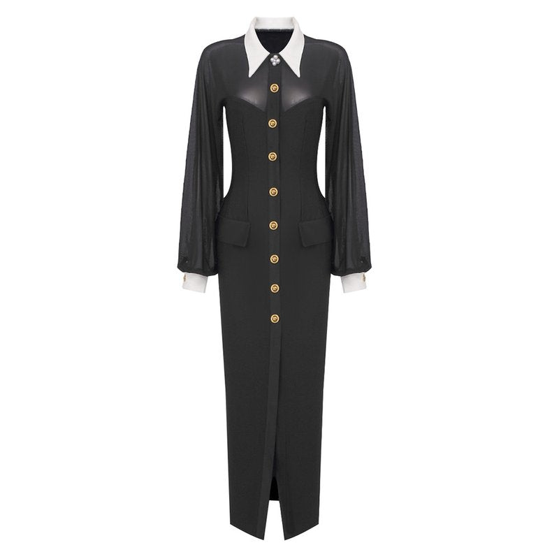 Sheer Sleeve Button Front Midi Dress H6309