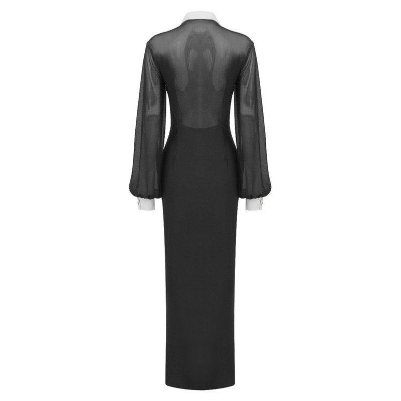 Sheer Sleeve Button Front Midi Dress H6309