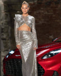 Silver Sequin Cutout Long Sleeve Gown H6611