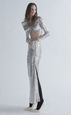 Silver Sequin Cutout Long Sleeve Gown H6611