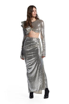 Silver Sequin Cutout Long Sleeve Gown H6611