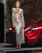 Silver Sequin Cutout Long Sleeve Gown H6611