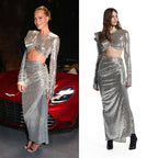 Silver Sequin Cutout Long Sleeve Gown H6611