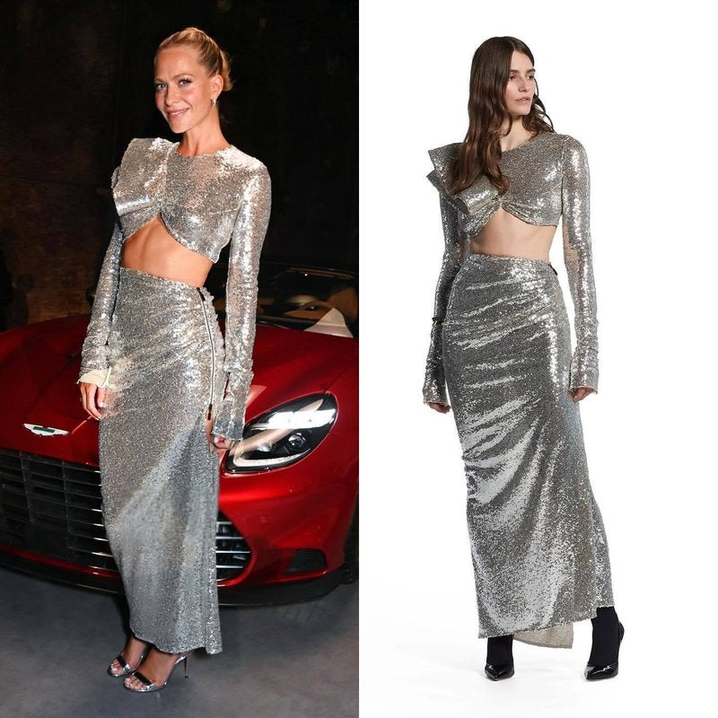Silver Sequin Cutout Long Sleeve Gown H6611