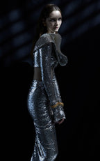 Silver Sequin Cutout Long Sleeve Gown H6611