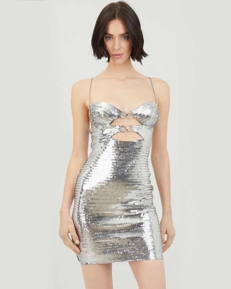 Silver Sequin Cutout Mini Dress H5967