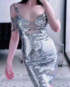 Silver Sequin Cutout Mini Dress H5967