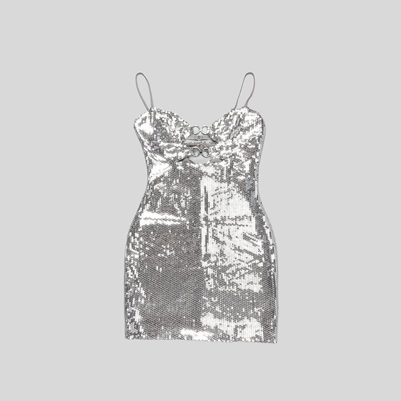 Silver Sequin Cutout Mini Dress H5967