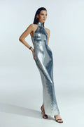 Silver Sequin Halter Maxi Dress H6663