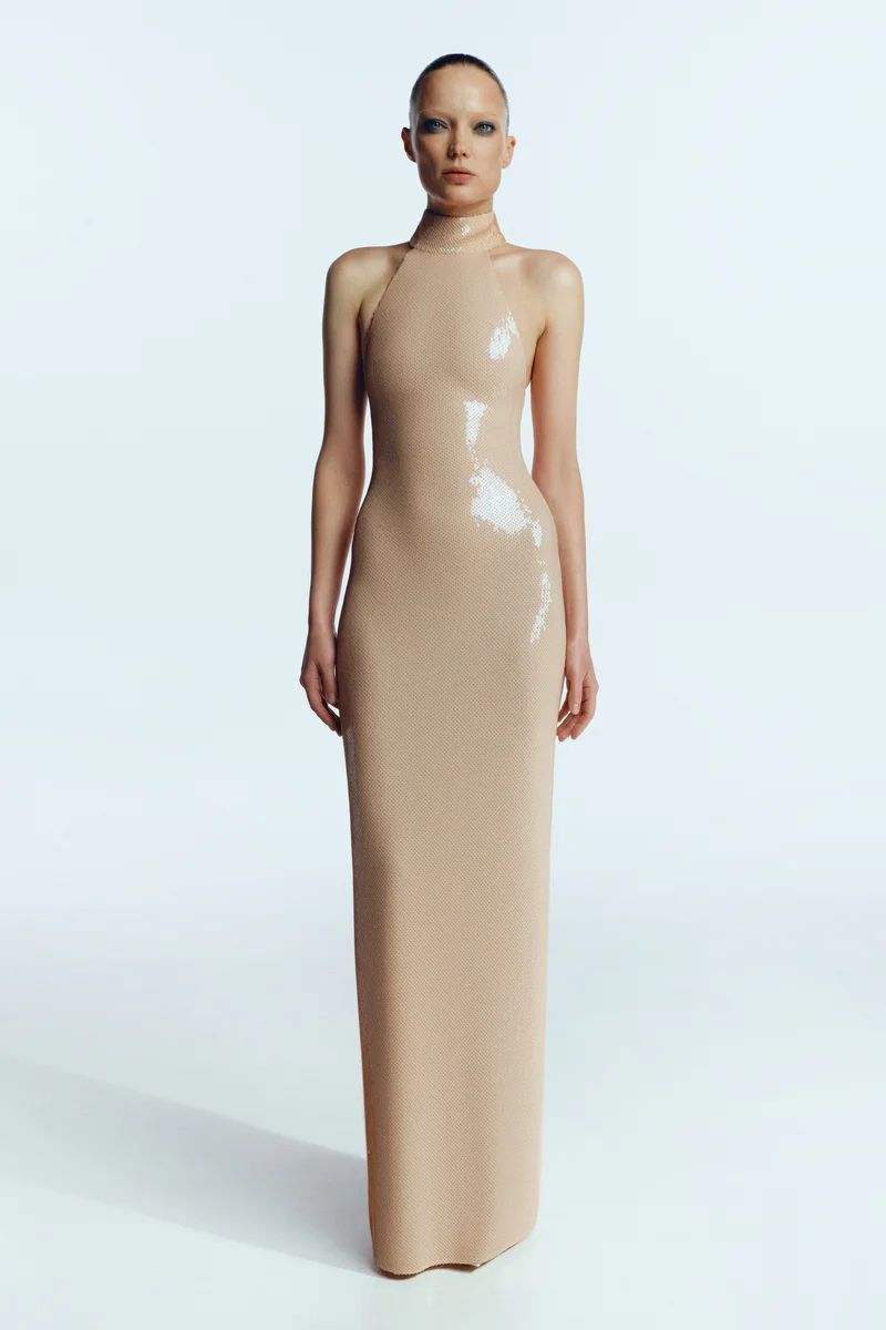 Silver Sequin Halter Maxi Dress H6663