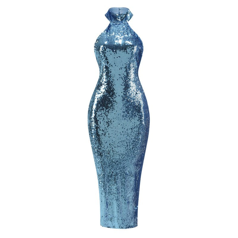 Silver Sequin Halter Maxi Dress H6663